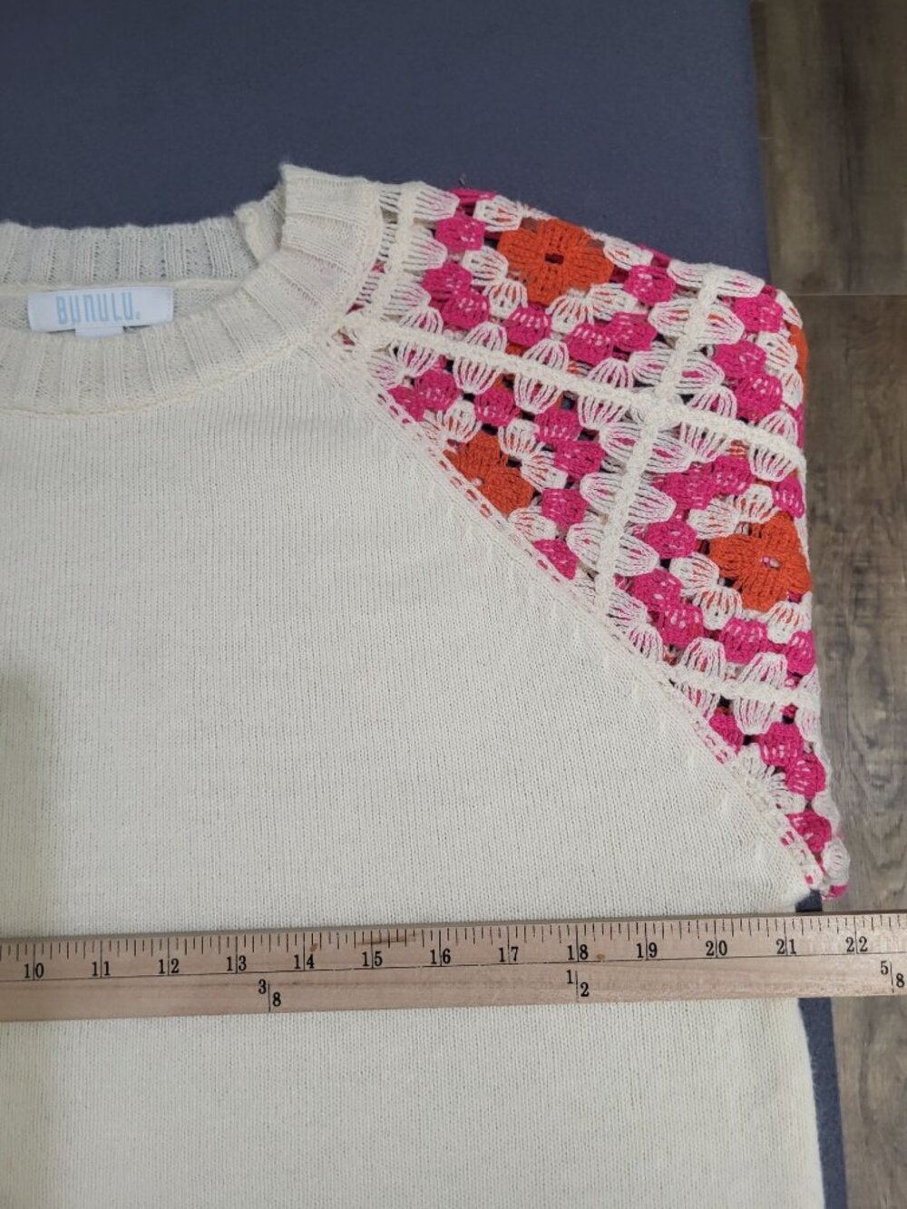 BUNULU Women's XL Rose Crochet Puff Sleeve Knit Sweater Boho Hippie Cottagecore - Picture 8 of 9